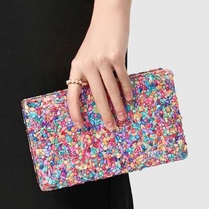 Mixed Stone Hard Case Clutch Bag Small Box Purse Crossbody Chain Multicolor